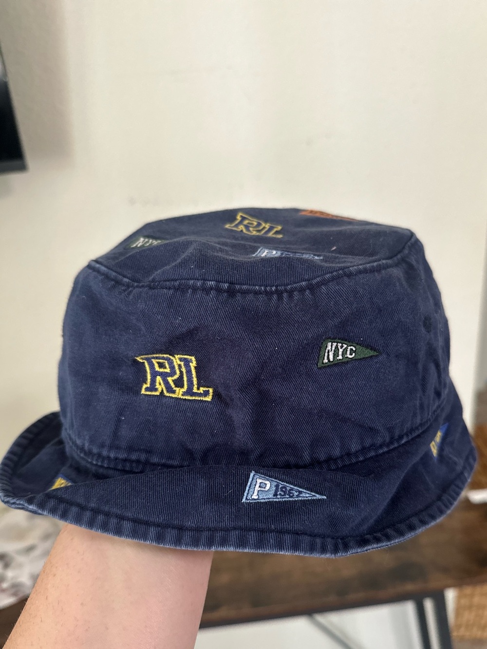 Polo by Ralph Lauren Navy Bucket Hat with Yellow Embroidered Details